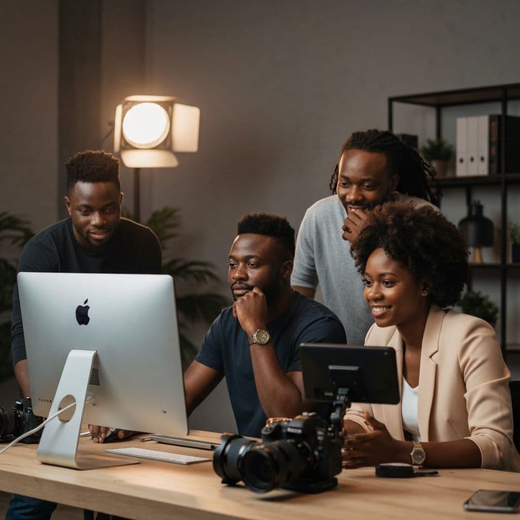 Professional creative team collaborating on digital projects