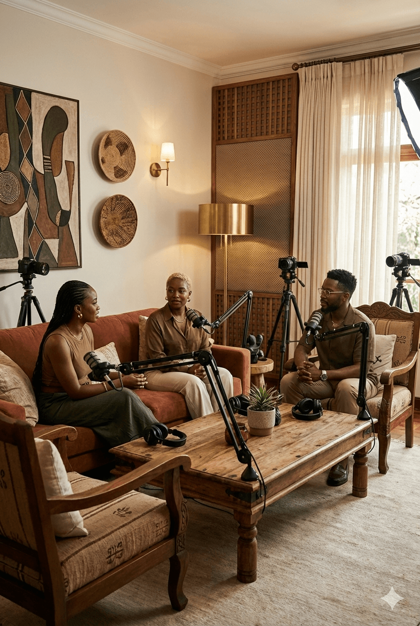 Professional podcast recording session with three people in an elegant African-inspired interior