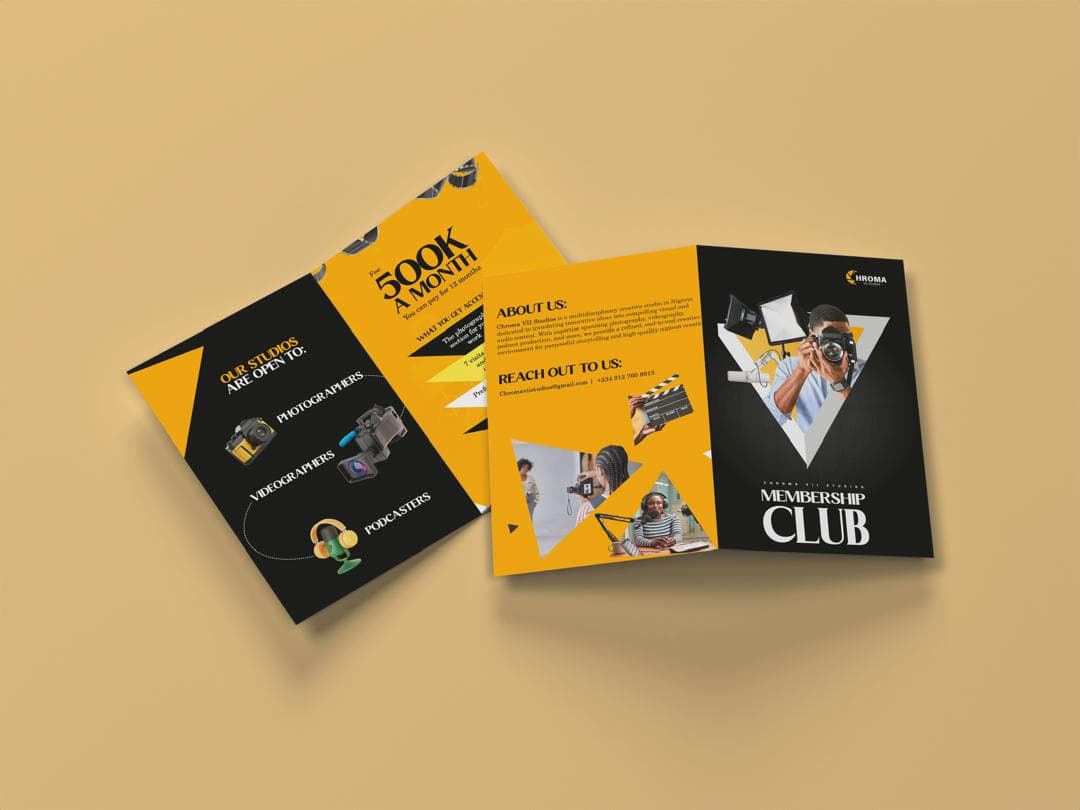 Chroma VII Membership Club brochure showing studio access for photographers, videographers, and podcasters