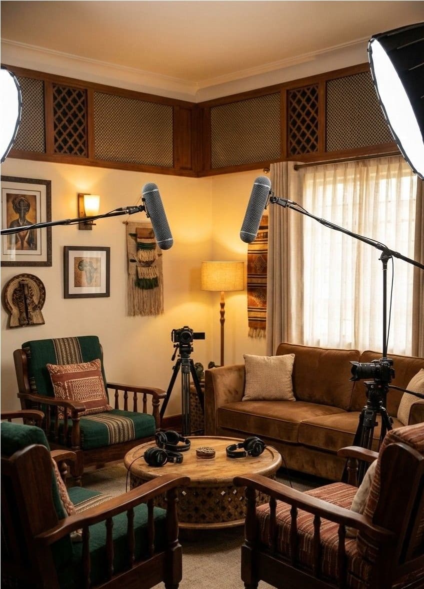 Professional podcast and content creation studio with microphones, cameras, and elegant African-inspired decor