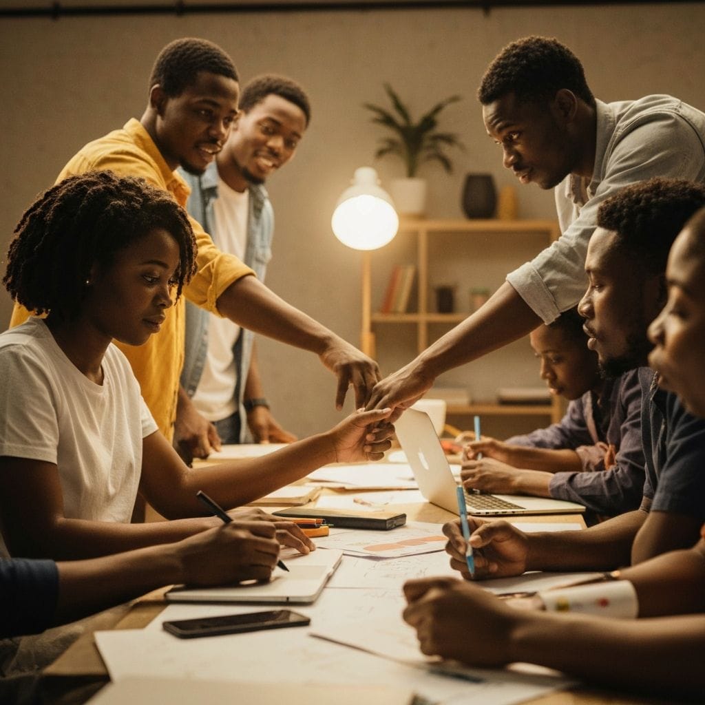 Young African creatives collaborating on a project supported by Creative 1000 initiative